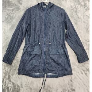 YFL‎ Reserved Jacket Womens 38 US 8 Blue Polka Dot Packable Rain Coat Drawstring
